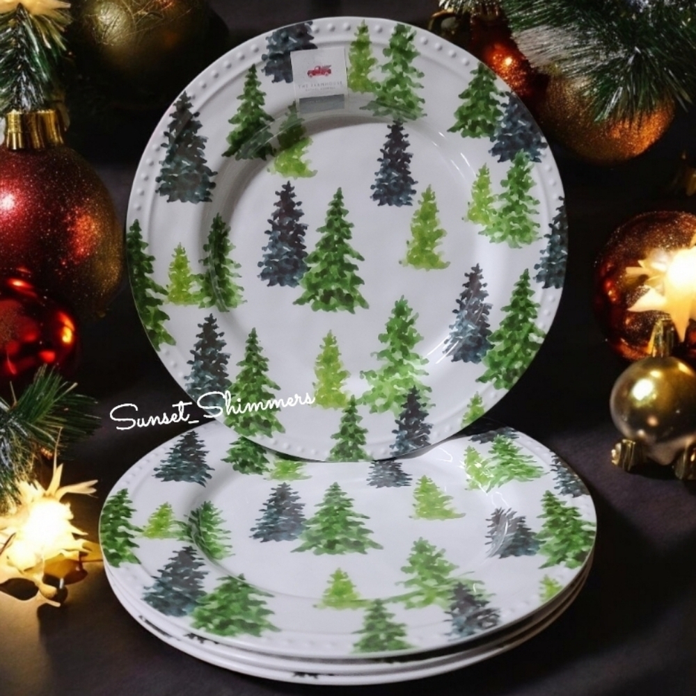 4pc Rachel Ashwell Hobnail Farmhouse Evergreen Christmas Tree Melamine Plate Set